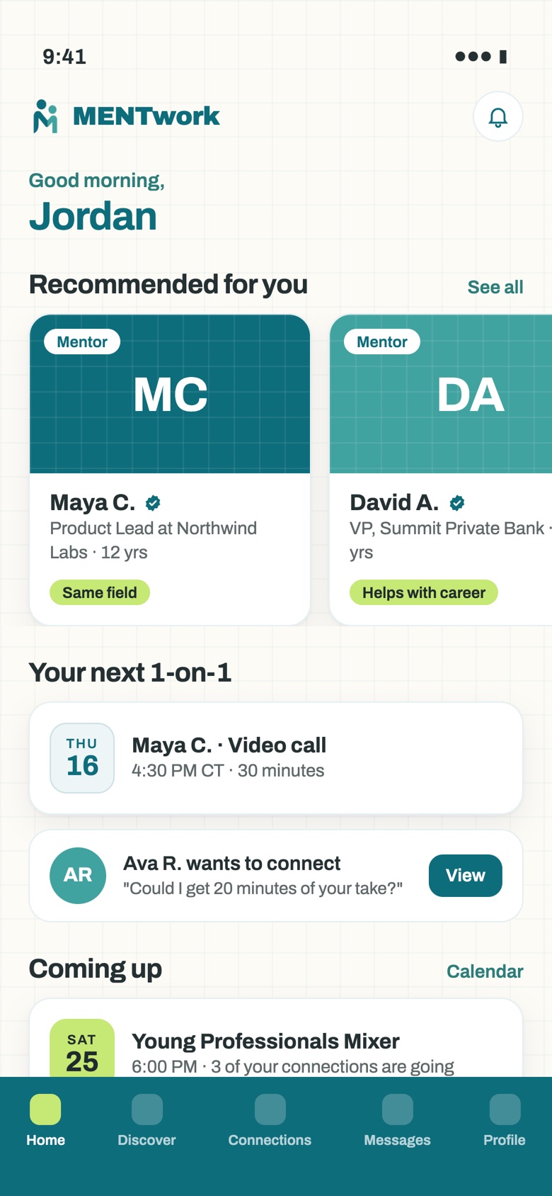 The MENTwork app home screen with recommended mentors and an upcoming 1-on-1